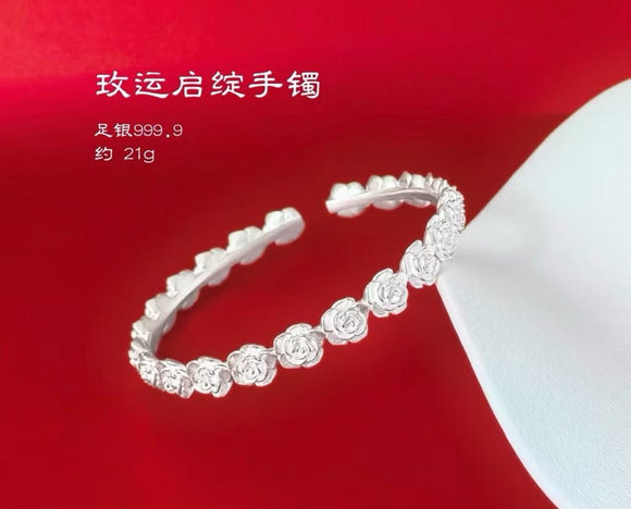 S999 Pure Silver Rose Bloom Open Bangle