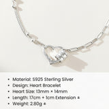 Silver heart bracelet necklace with a heart-shaped pendant and clear rhinestones, shown on a pink background with product specifications text below.